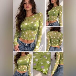 Forever 21 Green Floral Sheer Mesh Long Sleeve Top Size Small NWT